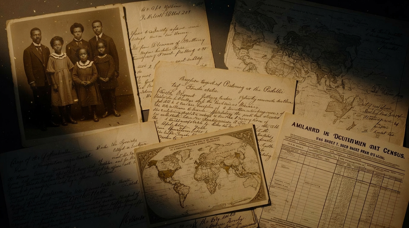 Layered historical family documents and photographs
